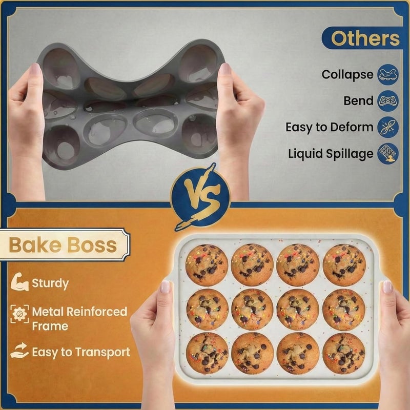 BAKE BOSS Regular Size 12 Cup Silicone Muffin Pans for Baking with Metal-Reinforced Handles – Nonstick Silicone Cupcake Pan, Easy-Release, BPA-Free Muffin Tray, Oven & Dishwasher Safe – 1 PACK - Cream - Image 3